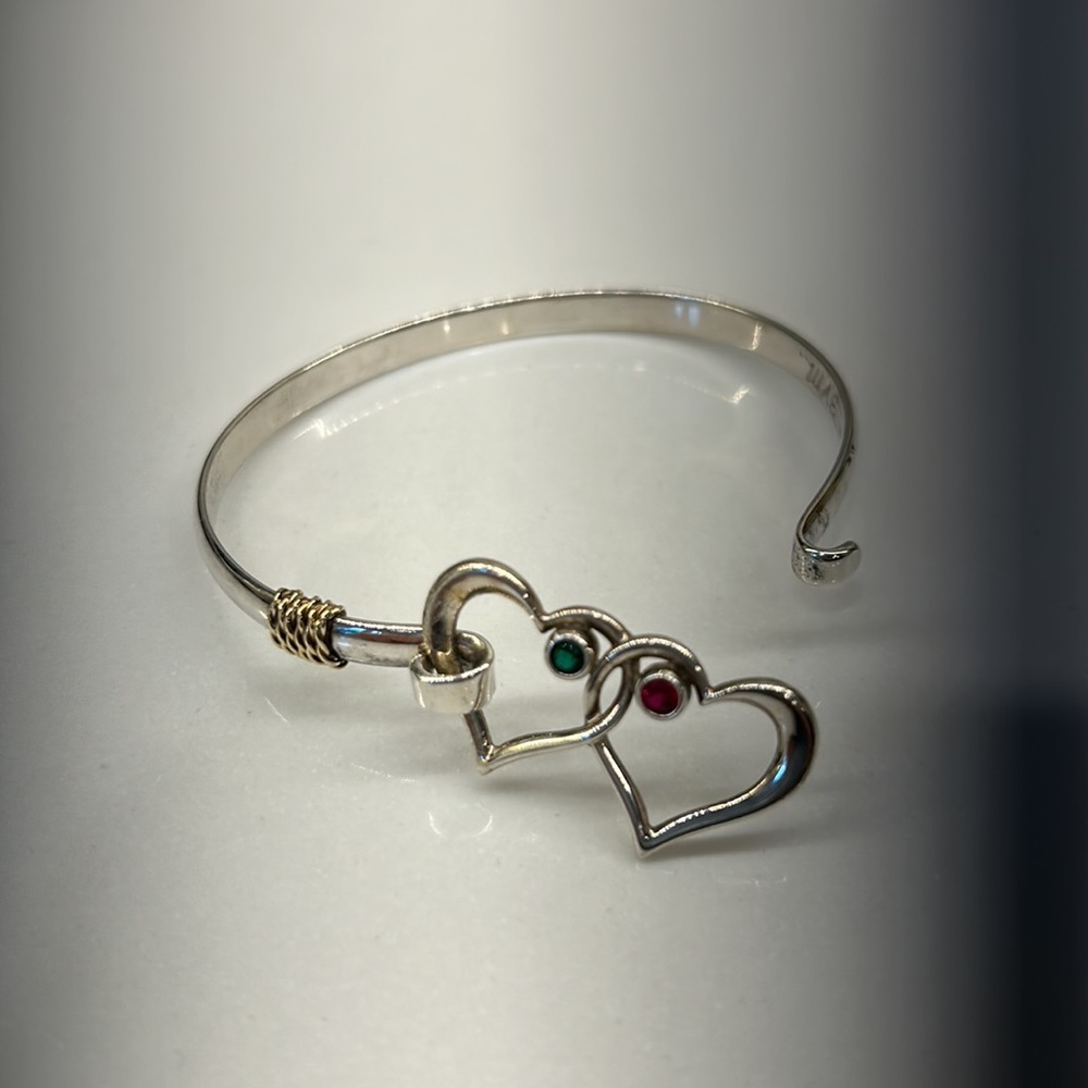 Sterling silver and 14K gold cuff double heart charm bracelet with gemstones
